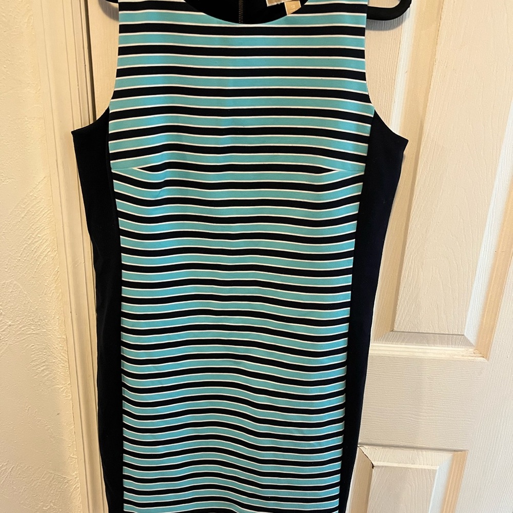 MICHAEL Michael Kors Black and Aqua Striped Midi Sheath Dress